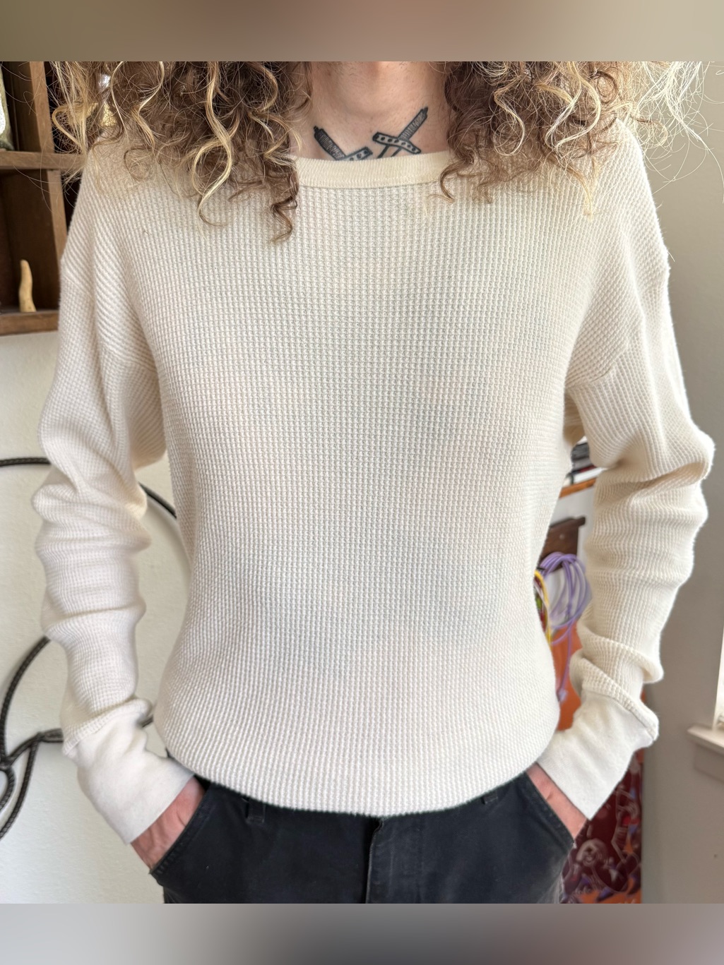 Vintage 90s Cream Cotton Waffle Thermal ~ Size Xl
